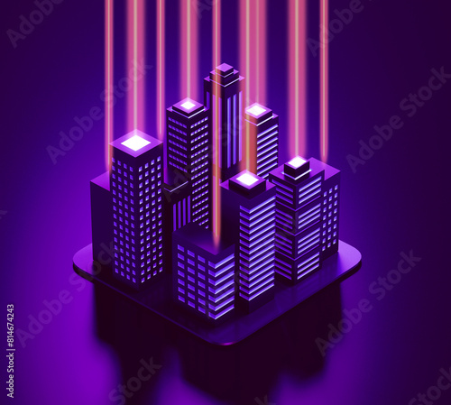 Purple isometric city skyscrapers with connection rays  Not gen Ai