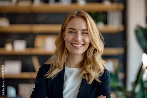 A smiling woman in a business suit.