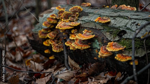 Vibrant orange mushrooms flourishing on a decaying log in a serene forest