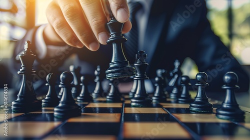 businessman moves chess strategy in competition, strategy, management or successful leadership game concept