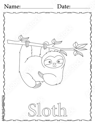 Sloth Coloring Page. Printable Coloring Worksheet for Kids. Educational Resources for School and Preschool.