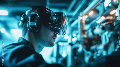 ultrarealistic, futuristic engineer with augmented reality data helmet, examines robotic machine, blurred background --ar 16:9 --style raw Job ID: 08b56e54-c5c9-4bb5-98ed-68938d7c8838