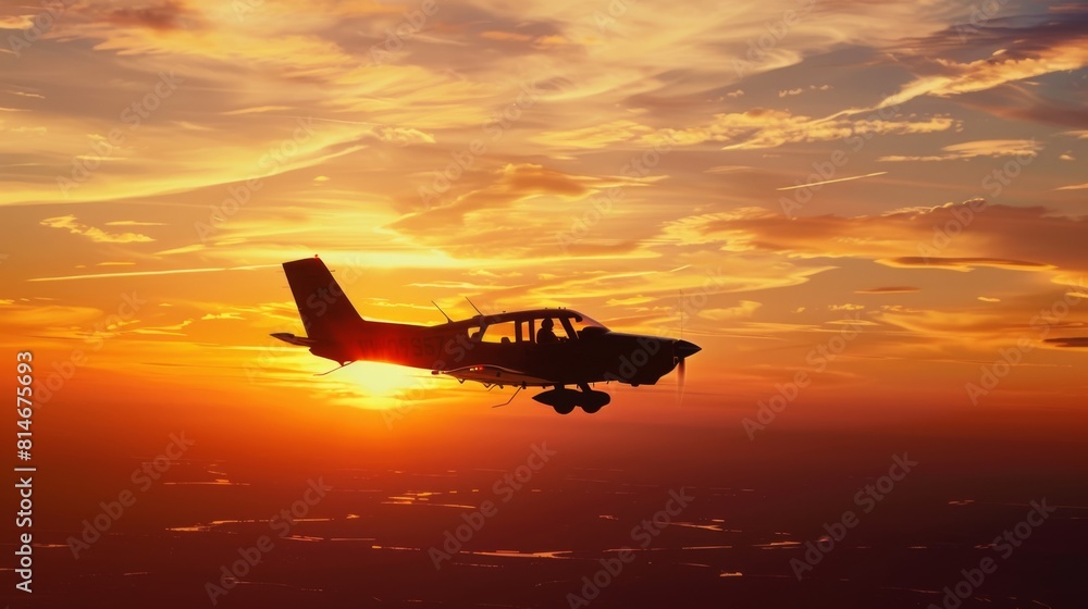 A small motor plane is seen flying in the sky during the vibrant hues of a sunset. The silhouette of the aircraft stands out against the colorful sky as it travels through the peaceful evening. A small motor plane is seen flying in the sky during the vibrant hues of a sunset. The silhouette of the aircraft stands out against the colorful sky as it travels through the peaceful evening.