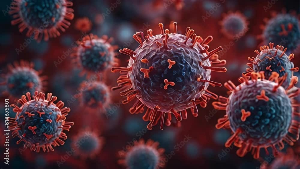 Virus Cells, Viruses, Virus Cells under microscope, floating in fluid with red background. Virus Cells, Viruses, Virus Cells under microscope, floating in fluid with red background.