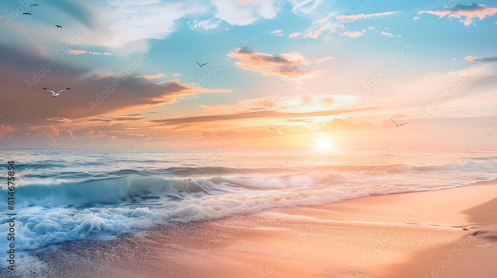 Naklejka premium The setting sun casts a golden glow over the beach. The waves gently lap against the shore, and the seagulls cry overhead. It is a peaceful and relaxing scene.