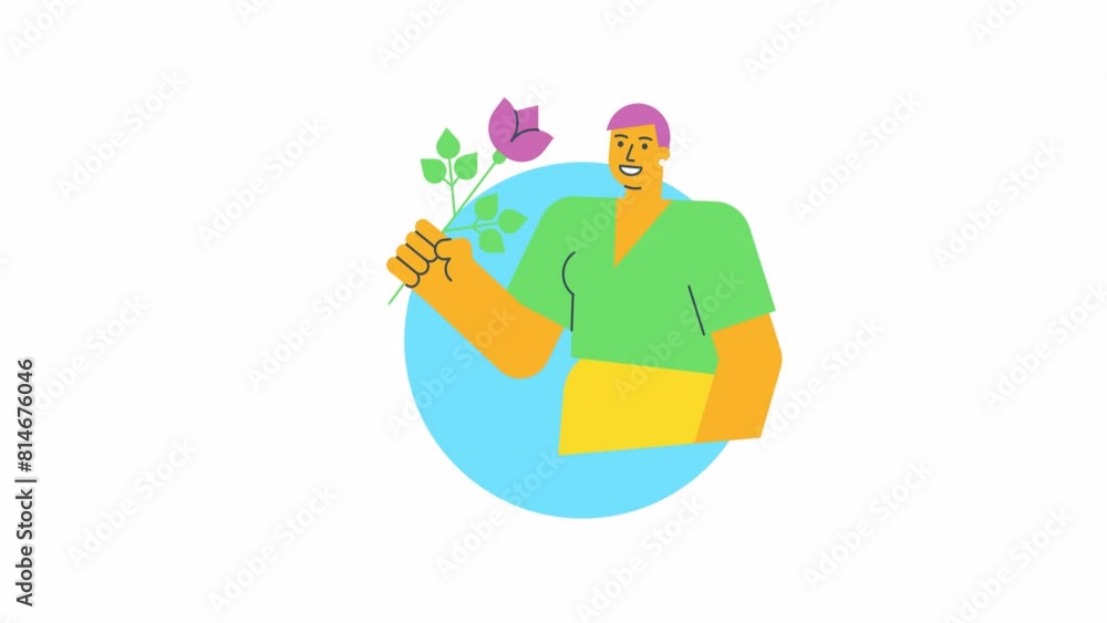 Icon young woman holding flower and smiling. Alpha channel Icon young woman holding flower and smiling. Alpha channel
