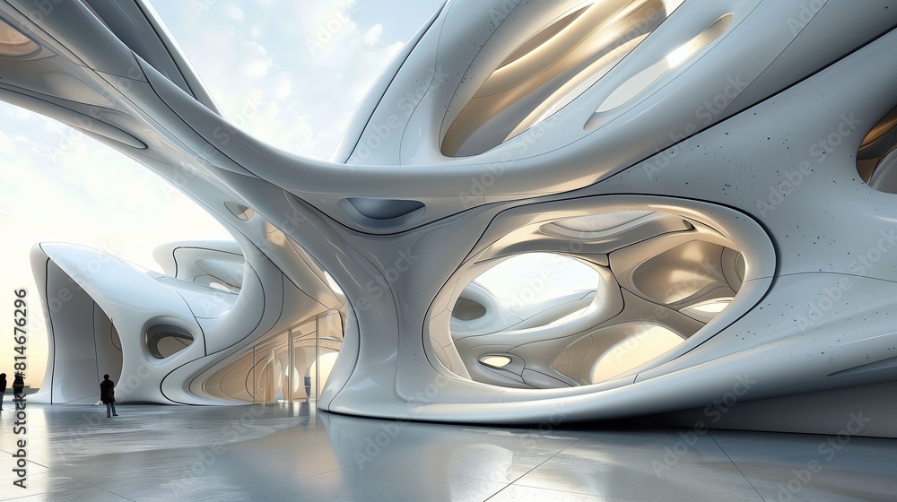 Organic architecture, fluid shapes reminiscent of alien biomechanics, seamlessly integrated into space.