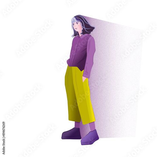 isolated young beautiful girl with short purple hair stands on the white background. grain effect, vector illustration