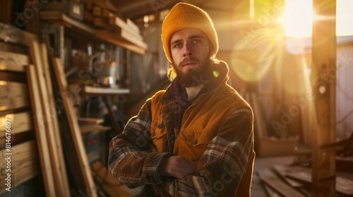 A man with a beard and a yellow hat stands in a workshop. He is wearing a vest and a plaid shirt photo
