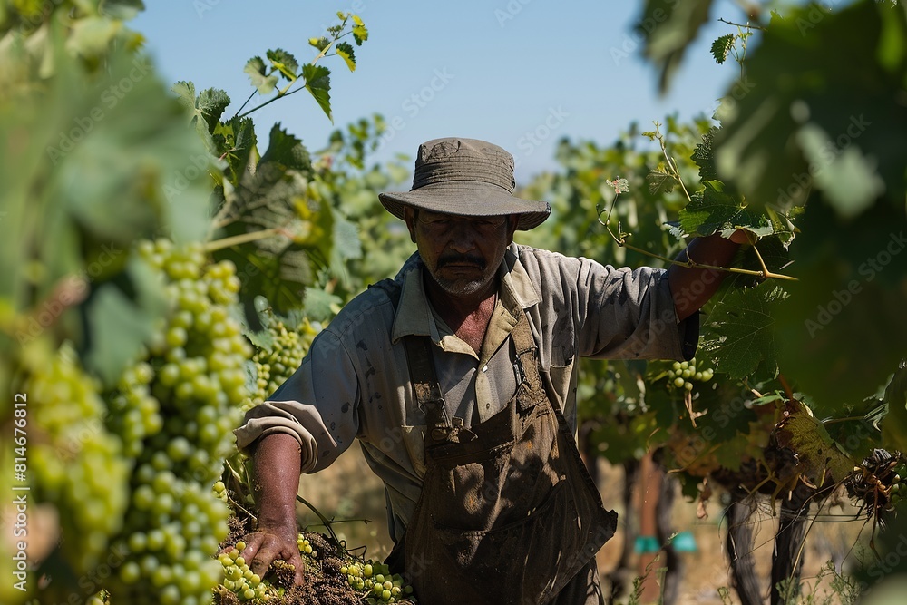 Front view winemaker senior farmer man in hat leaned over a grapevine picked a bunch to check the quality of the berries