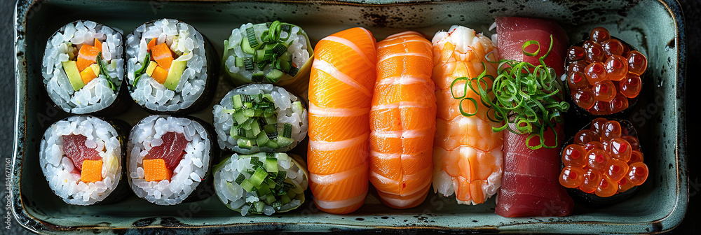 expensive sushi on the tray, top view, empty light gray background, with empty copy space, beautiful decoration expensive sushi on the tray, top view, empty light gray background, with empty copy space, beautiful decoration