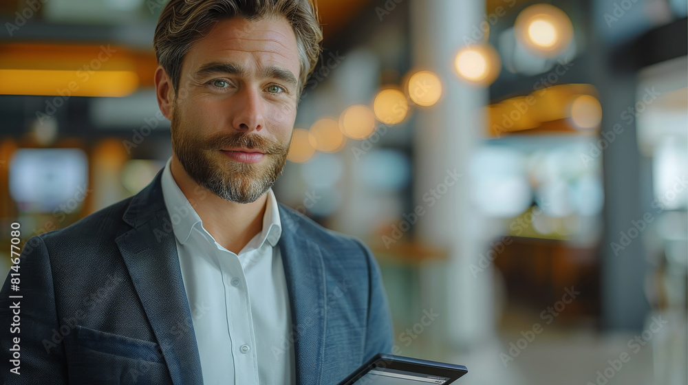 Fototapeta premium An attractive businessman holds a credit card and uses a digital tablet. Online shopping concept. Generative AI.