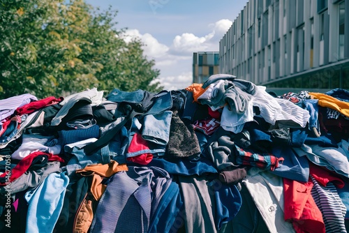 Clothing donations stacked outside, contrasted with urban architecture and trees.