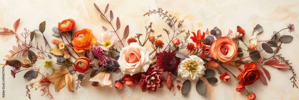 Autumn composition made of beautiful flowers on light backdrop. Floristic decoration. Natural floral background Autumn composition made of beautiful flowers on light backdrop. Floristic decoration. Natural floral background