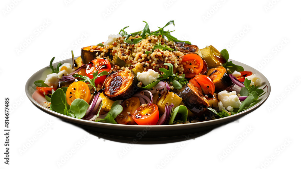 A quinoa salad with roasted vegetables, feta cheese, and balsamic glaze and a transparent background. A quinoa salad with roasted vegetables, feta cheese, and balsamic glaze and a transparent background.