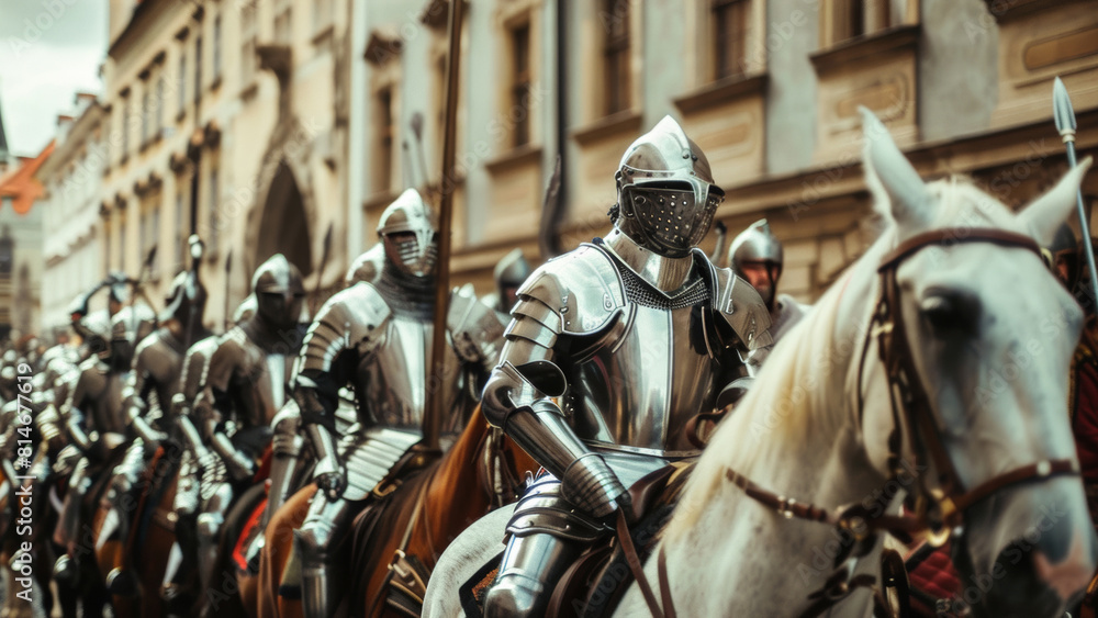 A solemn procession of medieval knights in armor riding through ancient European streets. A solemn procession of medieval knights in armor riding through ancient European streets.