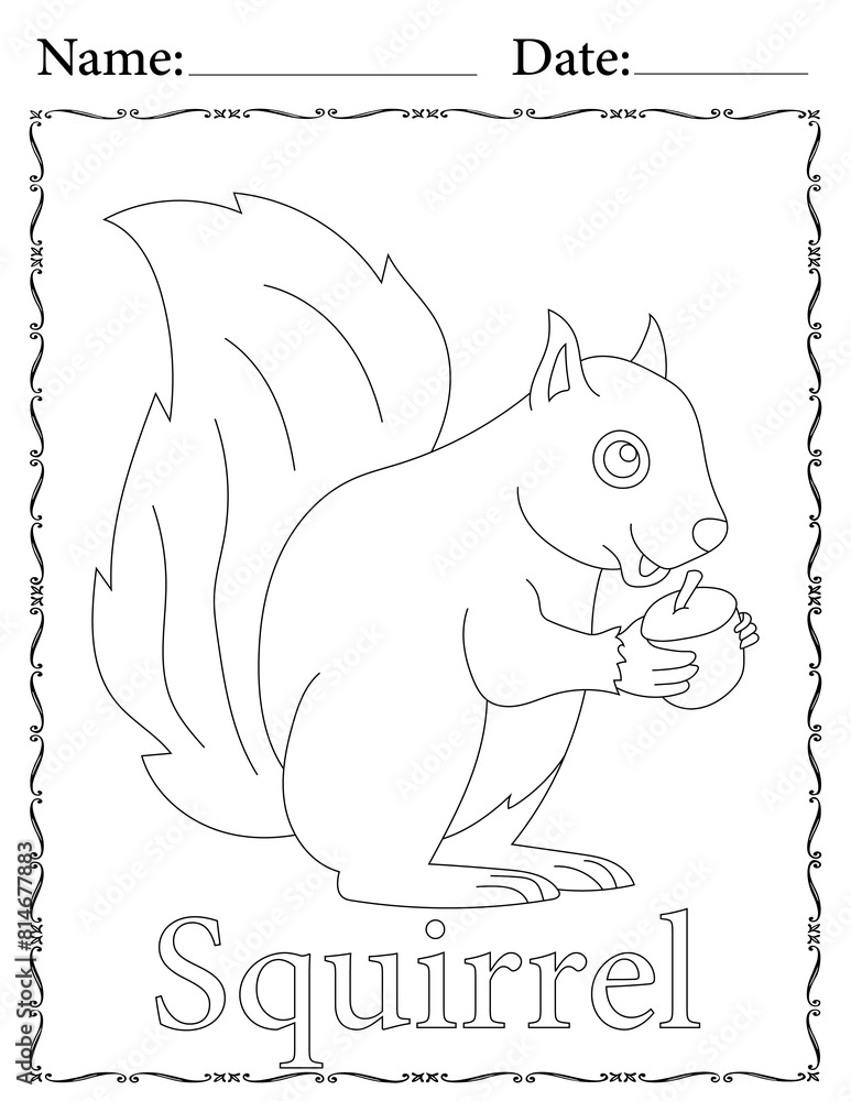 Naklejka premium Squirrel Coloring Page. Printable Coloring Worksheet for Kids. Educational Resources for School and Preschool.