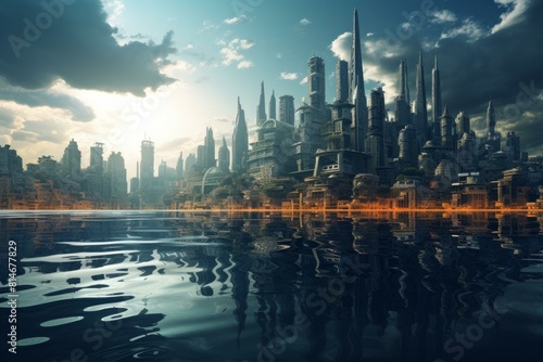 Enchanting digital artwork of a futuristic skyline and its reflection on water as the sun sets
