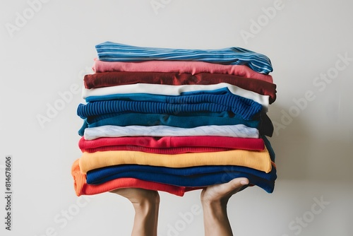 Vibrant folded clothes displayed in hands against white background, showcasing colors & textures.