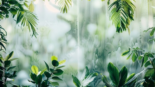 A background image with many plants behind a piece of white frosted glass, high quality, clean photo