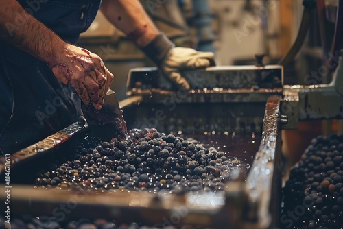 Man's hands pushing grapes into a grape crusher machine photo