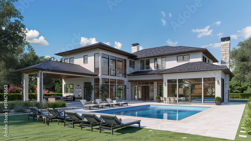 Luxurious modern house with spacious patio  inviting swimming pool and lush greenery.