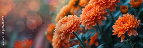 Close up of bouquet of orange chrysanthemum flowers in pot in garden, background image, banner image