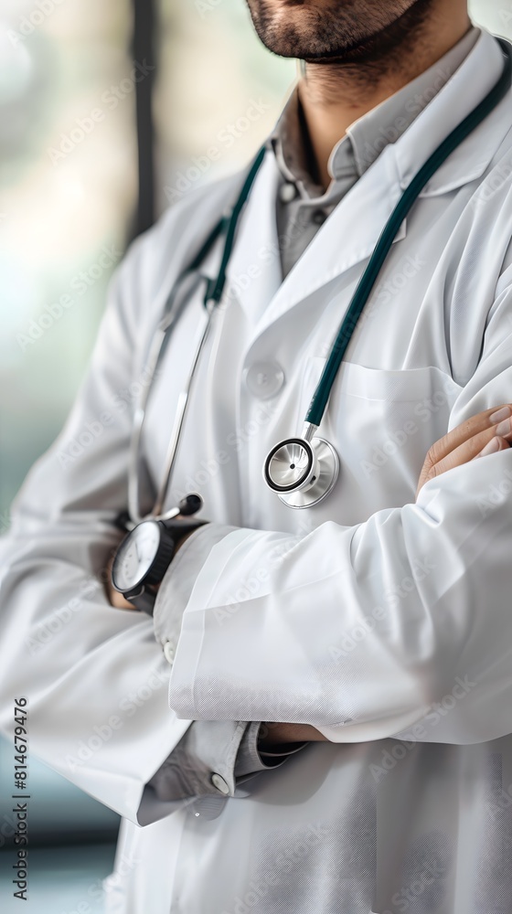 Close up of doctor wearing a white coat with a stethoscope and hands crossed on their chest against a hospital background Close up of doctor wearing a white coat with a stethoscope and hands crossed on their chest against a hospital background