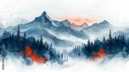 Captivating Mountain Landscape with Watercolor Paint Splashes Generative AI #814679890