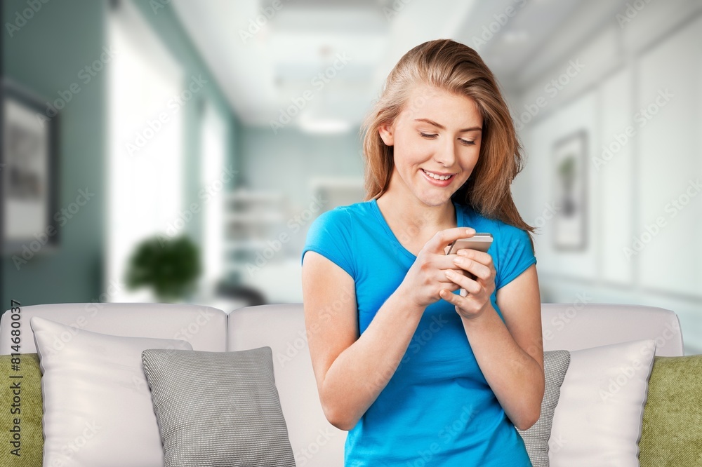 Happy woman use social media hold phone Happy woman use social media hold phone