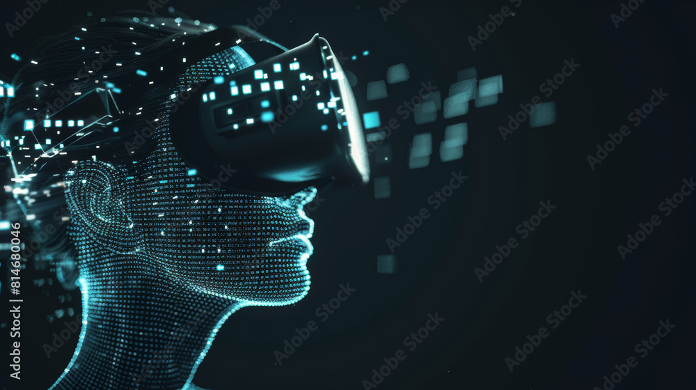 A digital avatar in VR gear immersed in futuristic cyberspace, representing human-tech fusion. A digital avatar in VR gear immersed in futuristic cyberspace, representing human-tech fusion.
