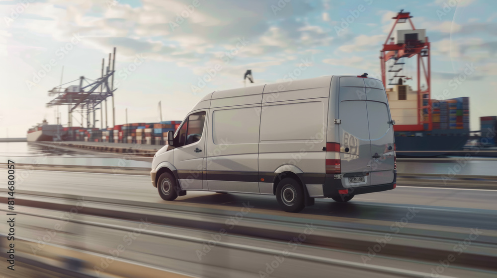White delivery van speeding by a seaside port with containers in the background. White delivery van speeding by a seaside port with containers in the background.