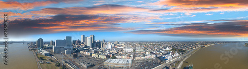 New Orleans  Louisiana - Panoramic aerial view of cityscape and Mississippi River at sunset