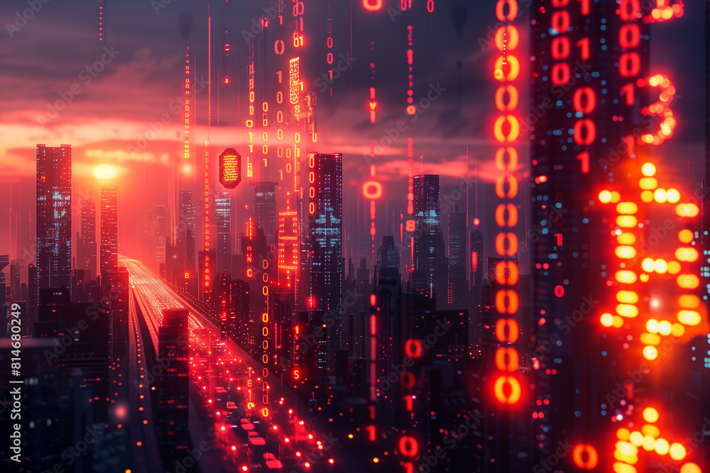 Naklejka premium Digital Dollarscape: A Futuristic City Illuminated by Dollar Signs