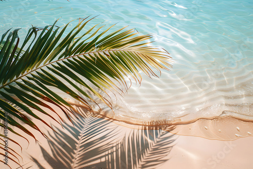Shadow of tropical palm tree over a white sand beach seashore, summer holiday concept