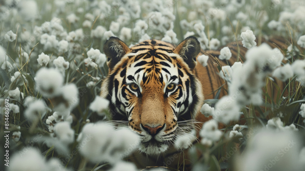 Obraz premium Majestic tiger peering through a serene field of cotton plants.