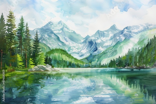 Summer Landscape Scene with Mountains and Lake Generative AI photo