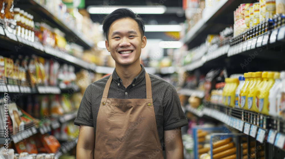 Smiling employee in an apron in grocery aisle, radiating friendly service.