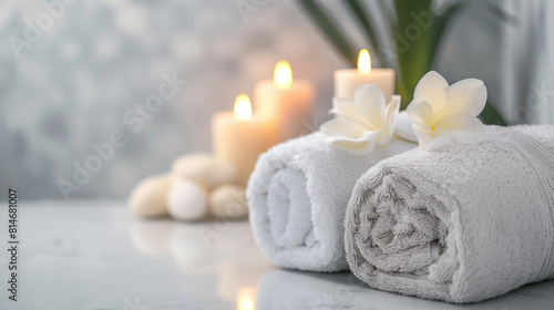  Luxurious Spa Bathroom with White Towels and Flowers. Elegant spa setting featuring fluffy white towels  white orchid flowers  lit candles  and a serene atmosphere highlighted by natural light and a 