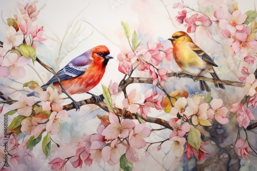 Digital painting of colorful birds amidst springtime blossoms © juliars