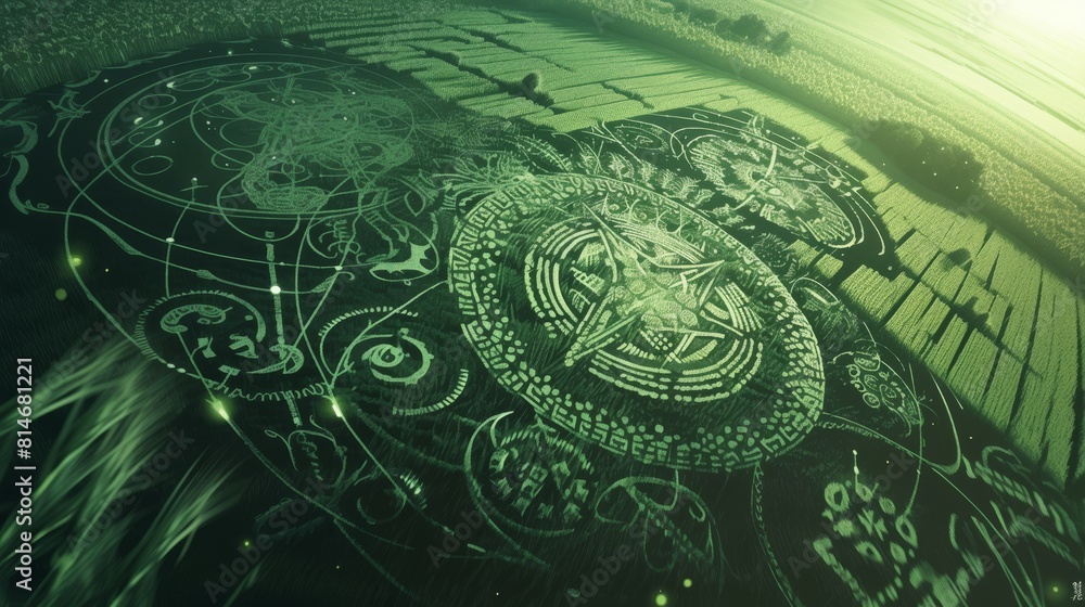 A green crop circle with geometric patterns and a close-up of wheat ears.