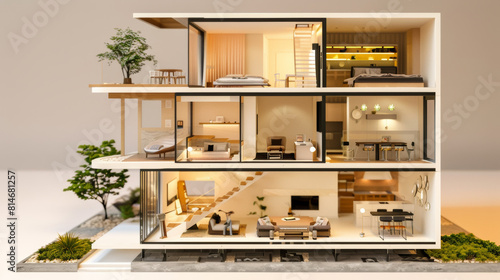 Intricate miniature house model showcasing a cross-section of modern living spaces. photo