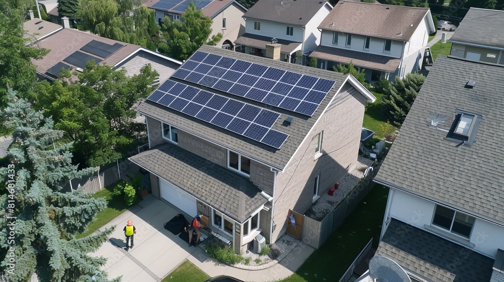 A technician is putting solar panels on the roof of a house and home office. Solar panels help save money on energy costs and are a good investment for small businesses. A technician is putting solar panels on the roof of a house and home office. Solar panels help save money on energy costs and are a good investment for small businesses.