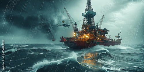 Rescue workers help victims of disasters at sea, such as oil rigs. gas drilling rig Boat in bad weather with helicopter. Generative AI. © visoot