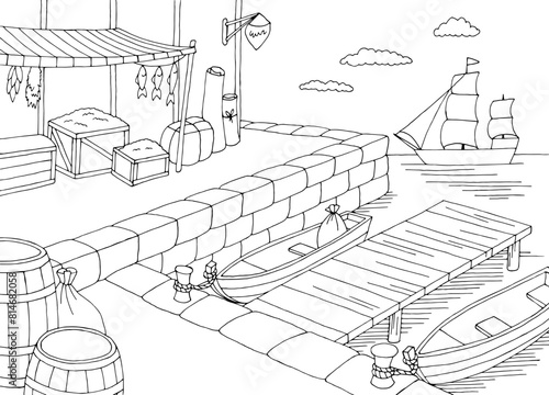 Old port ship graphic black white sea landscape sketch illustration vector