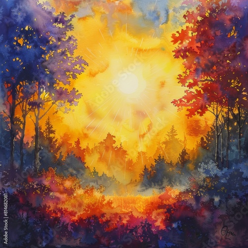 Vibrant Watercolor Sunrise Scene for Cover Designs Generative AI