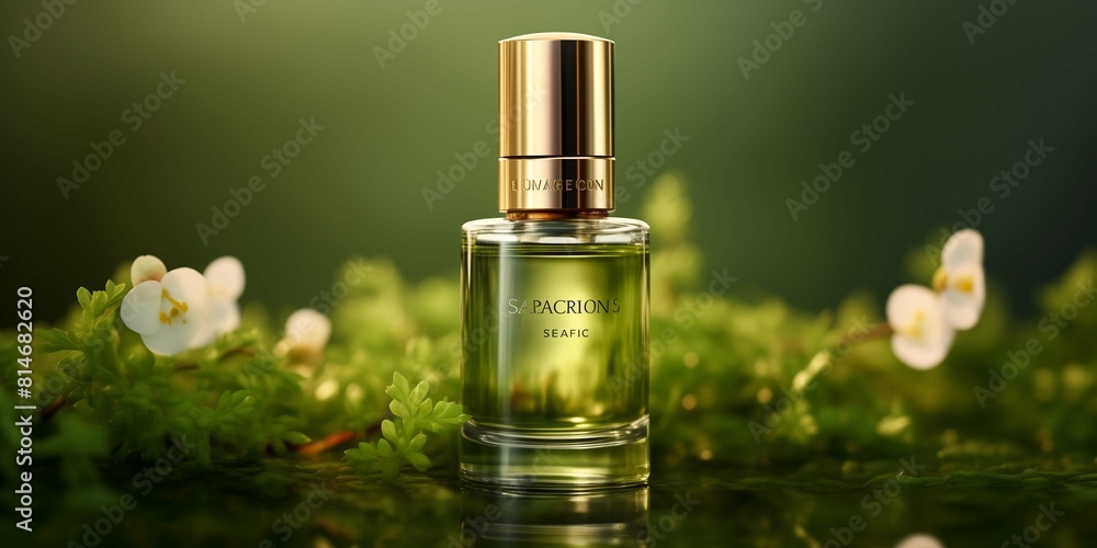 a gleaming bottle of facial oil set against a sophisticated emerald green background a gleaming bottle of facial oil set against a sophisticated emerald green background