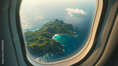 Aerial island view through an airplane window basking in warm sunlight. © VK Studio