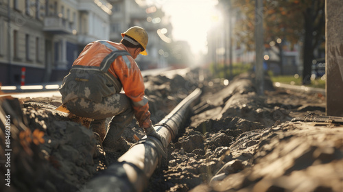 Worker in safety gear fixes pipeline in sunlit urban excavation site.