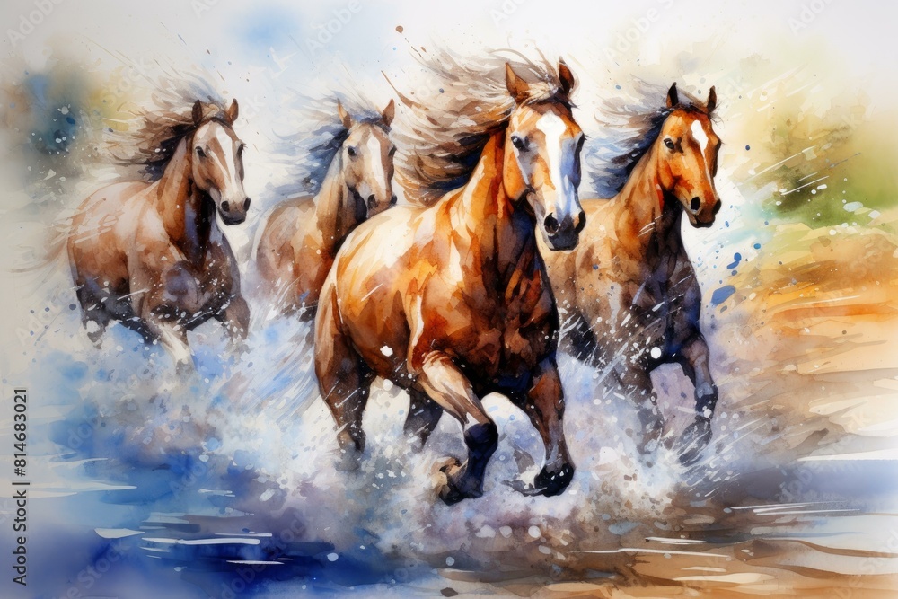 Obraz premium Vibrant watercolor painting of galloping horses in a dynamic and expressive artistic illustration on canvas, showcasing the majestic power and freedom of the wild equine animals